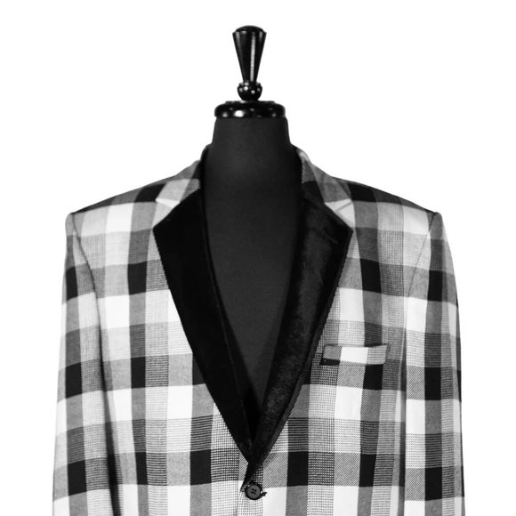 Mens Blazer Black White Plaid Wool Velvet Tuxedo Suit Jacket Sport Coat 46R - Picture 3 of 7
